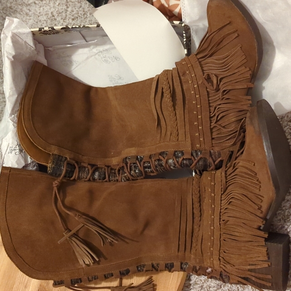 naughty monkey Shoes - naughty monkey Brown Suede Fringe Heeled Boots